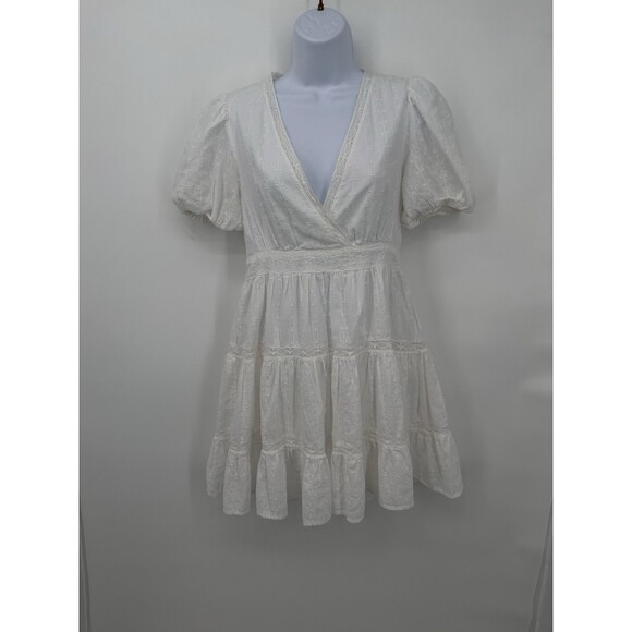 Zara WHITE LACE INSERT DRESS WITH BALLON SLEEVES MEDIUM cottate core mini Size M - Picture 4 of 14